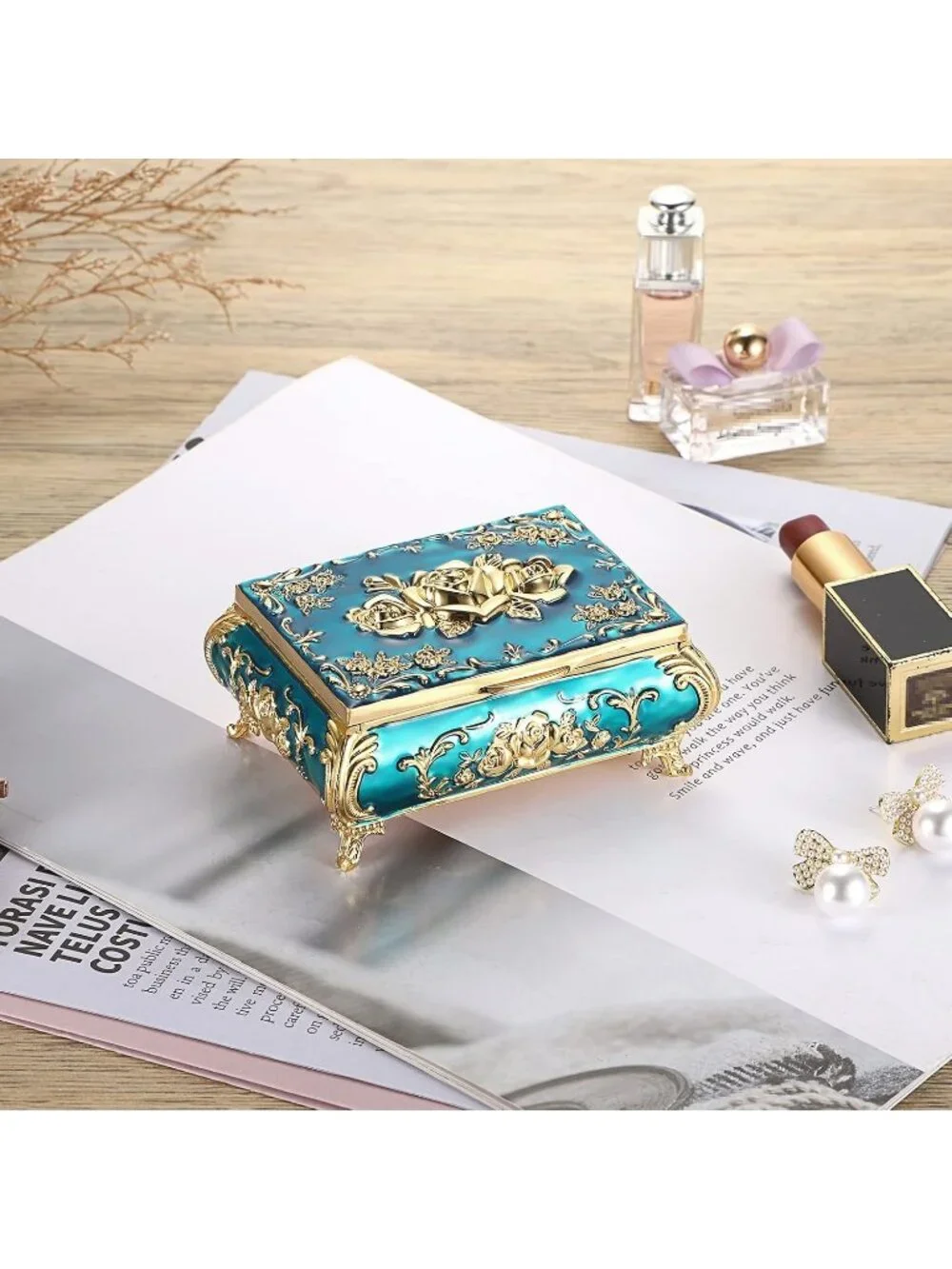 Vintage Small Metal Blue Trinket Case Engraved Jewelry Storage Box For Necklace